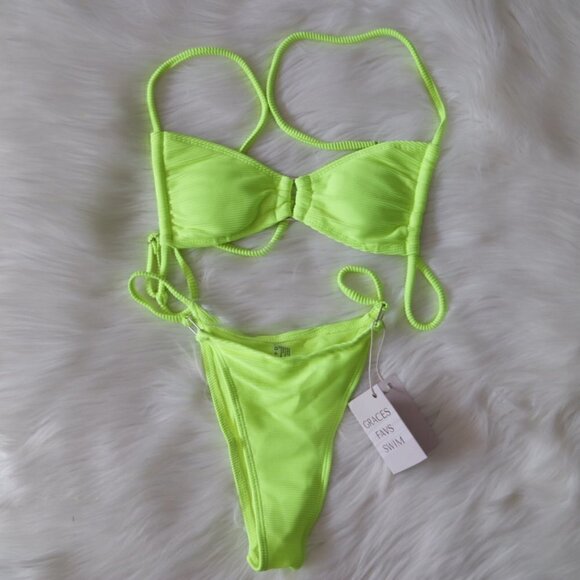 NEW Bright Neon Green Sexy Tiny Ribbed Bikini Swim Set Size Large - Picture 4 of 9